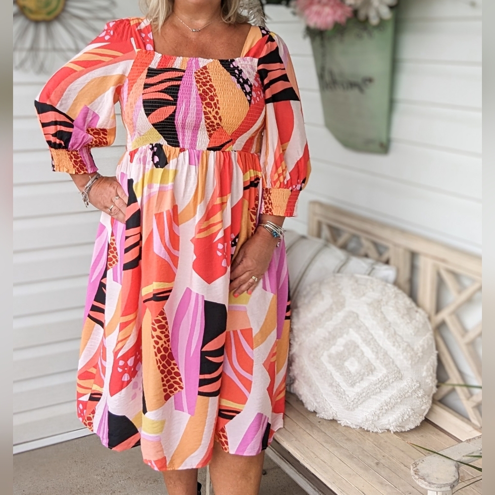 Pink and Orange Quarter Length Sleeve Dress